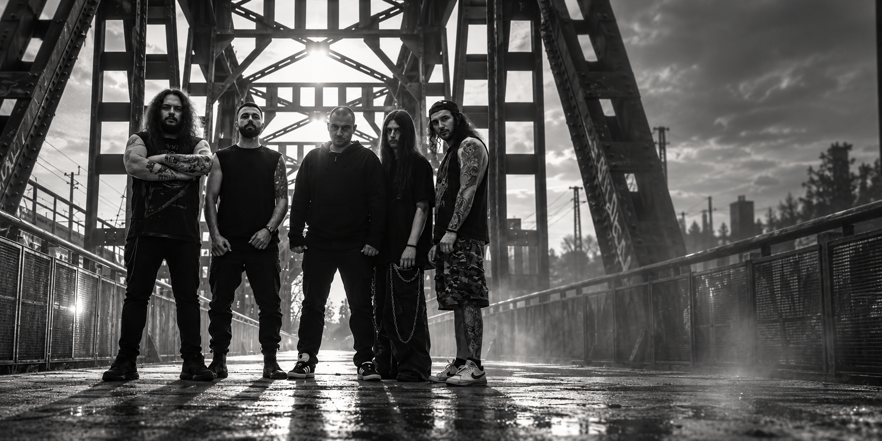 Five metal musicians standing beneath an industrial steel bridge.